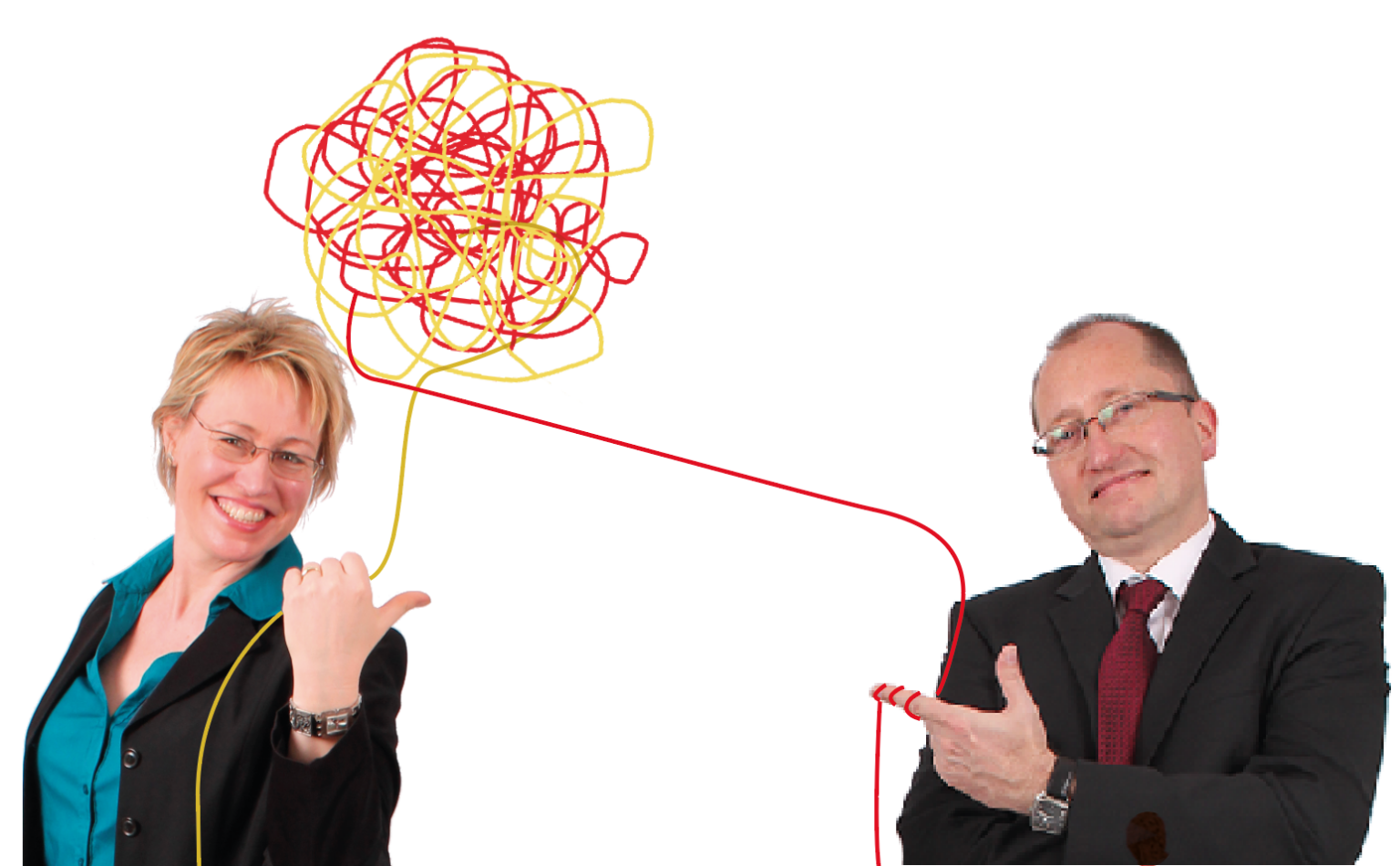 Carola battistini-Goldmund und Ronald Battistini, die durch einen roten Faden verbunden sind: Feature-Bild für den Goldenen Faden für Kommunikation